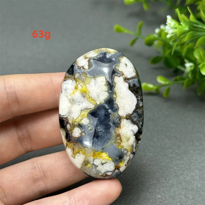 63g Black Cherry Blossom Agate palm stone with charcoal, cream, and gold floral patterns for grounding and creativity.