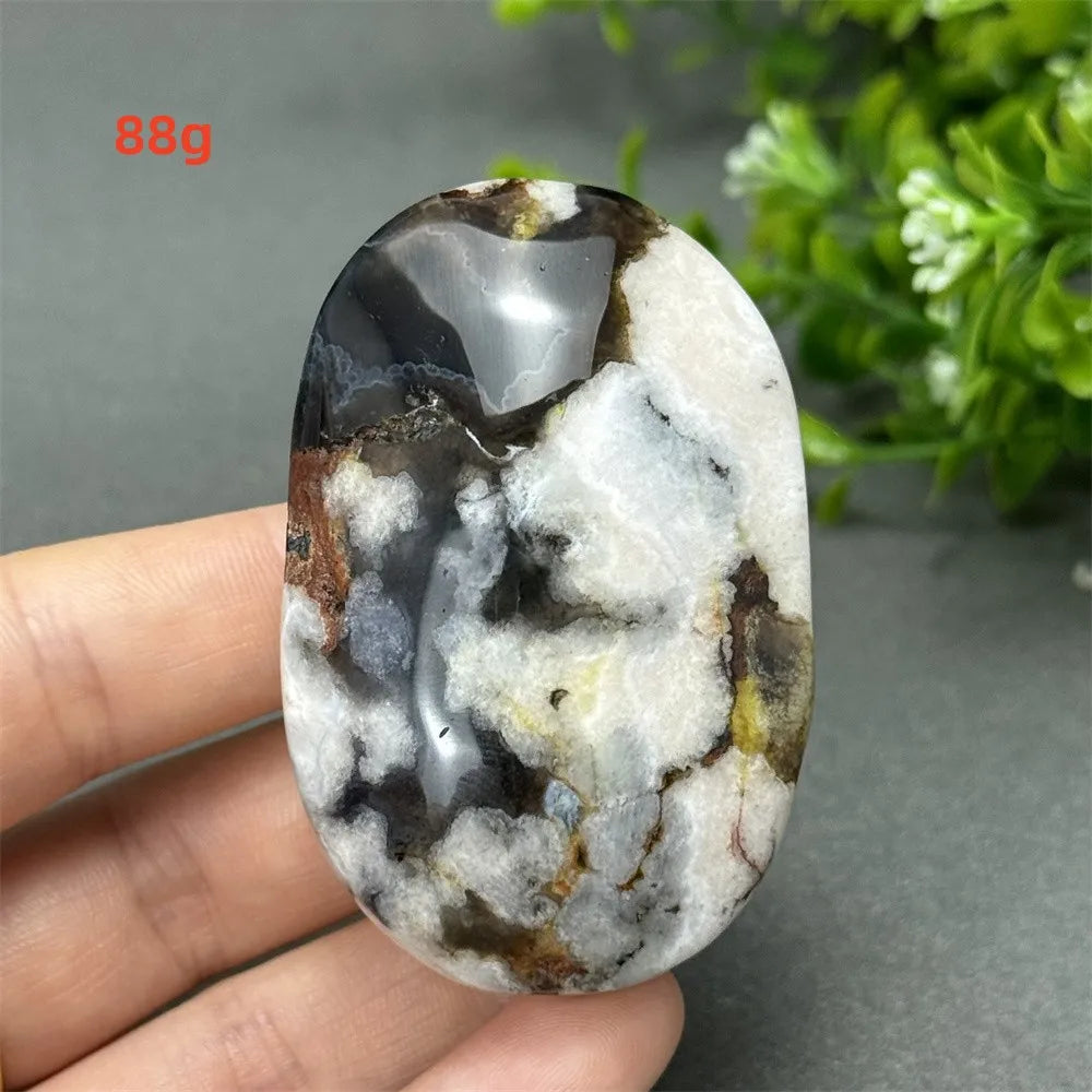 88g Black Cherry Blossom Agate palm stone with charcoal, cream, and blush floral dendrites for grounding meditation.