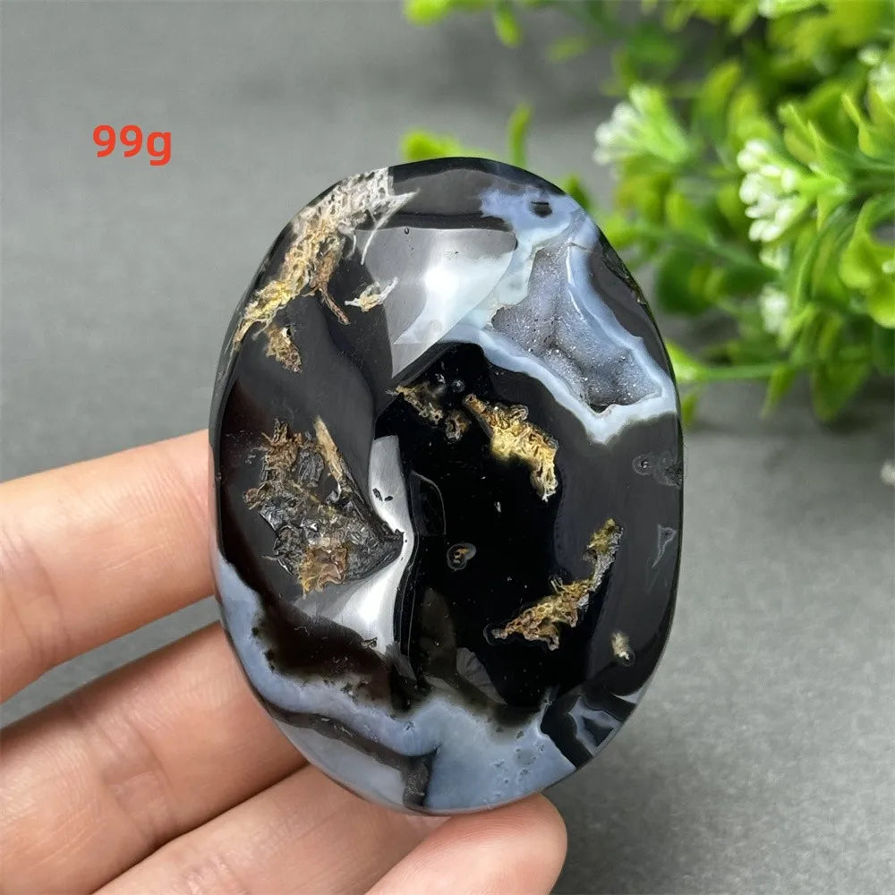 99g Black Cherry Blossom Agate palm stone with charcoal base and cream floral dendrites for Root Chakra grounding.