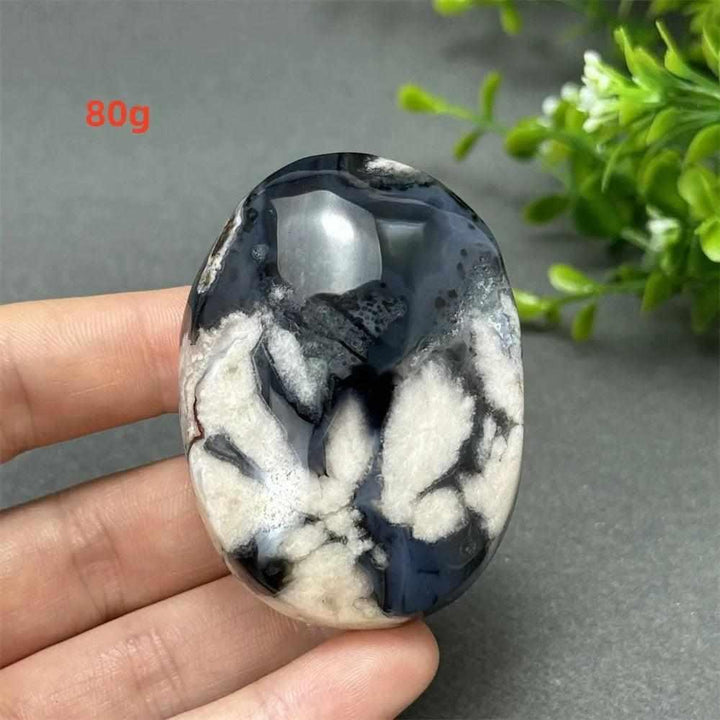 80g Black Cherry Blossom Agate palm stone with charcoal base and cream floral dendrites for grounding Root Chakra energy.