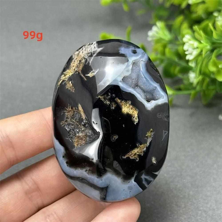 99g Black Cherry Blossom Agate palm stone with charcoal base and cream floral dendrites for Root Chakra grounding.