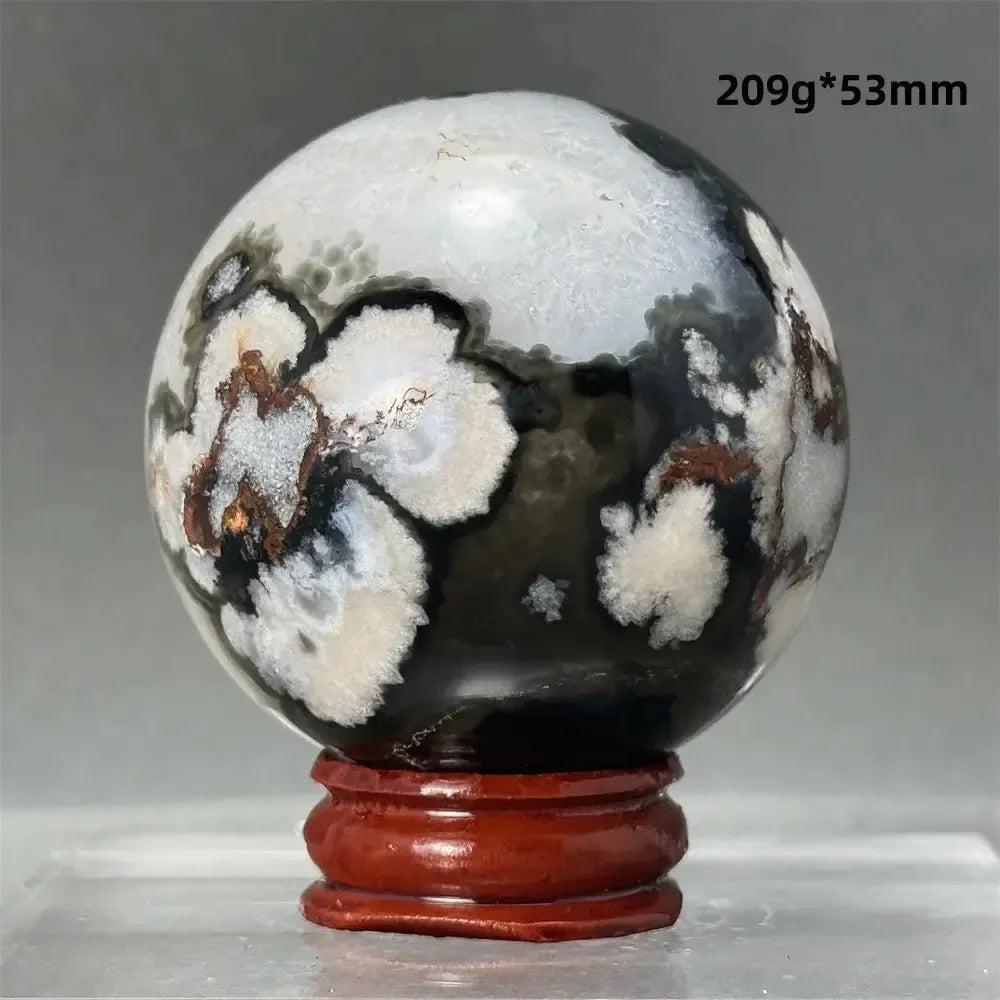 Black Cherry Blossom Agate Sphere, 209g, 53mm, with dramatic dark and light floral banding on a wooden stand.
