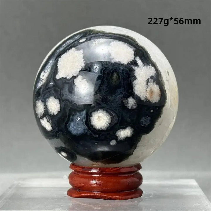 Black Cherry Blossom Agate Sphere with dramatic dark and light floral patterns on a wooden stand.
