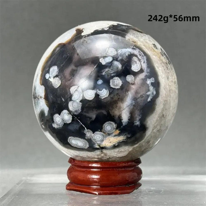 Black Cherry Blossom Agate Sphere, 242g, 56mm. Dramatic dark and light floral banding on a polished crystal sphere.