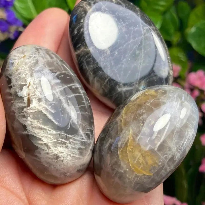 Polished black moonstone palm stones with natural veining for relaxation, held in hand for a calming crystal healing touch.