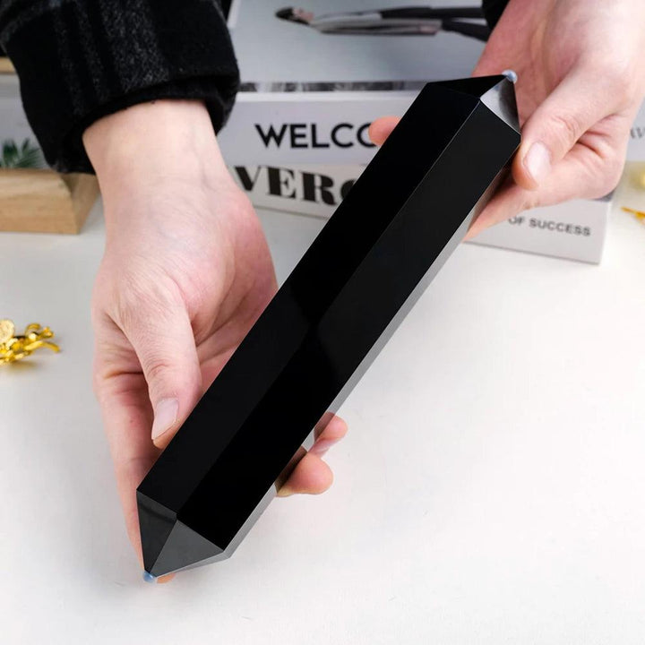 XL Black Obsidian double point wand for grounding and protection, featuring a sleek, polished volcanic glass design.