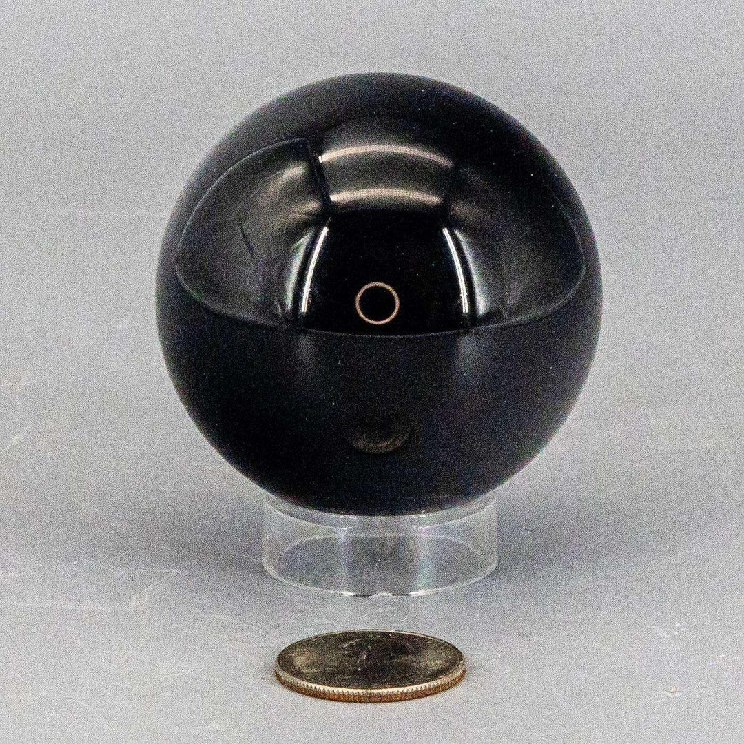 Deep black, polished Obsidian Sphere (50-60mm) reflecting light, radiating grounding and protective energy.