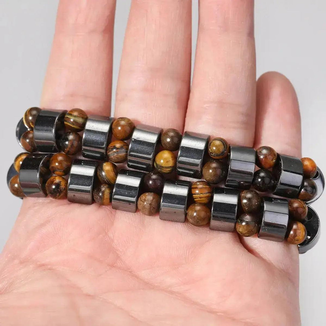 Crystal Destiny's Black Obsidian Hematite Tiger's Eye beaded bracelet, featuring polished dark and earthy tones.