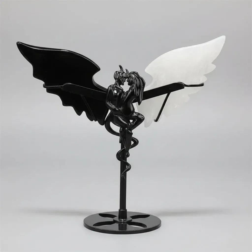 Natural Black Obsidian and Selenite wing demon couple statue on a stand, perfect for healing home decor and unique gifts.