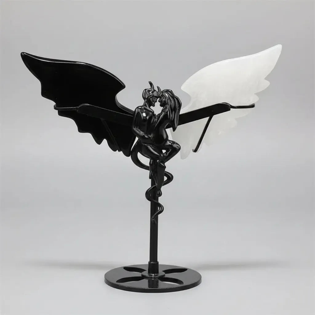 Natural Black Obsidian and Selenite wing demon couple statue on a stand, perfect for healing home decor and unique gifts.