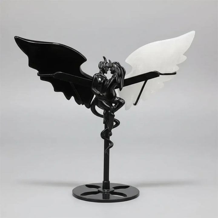 Natural Black Obsidian and Selenite wing demon couple statue on a stand, perfect for healing home decor and unique gifts.