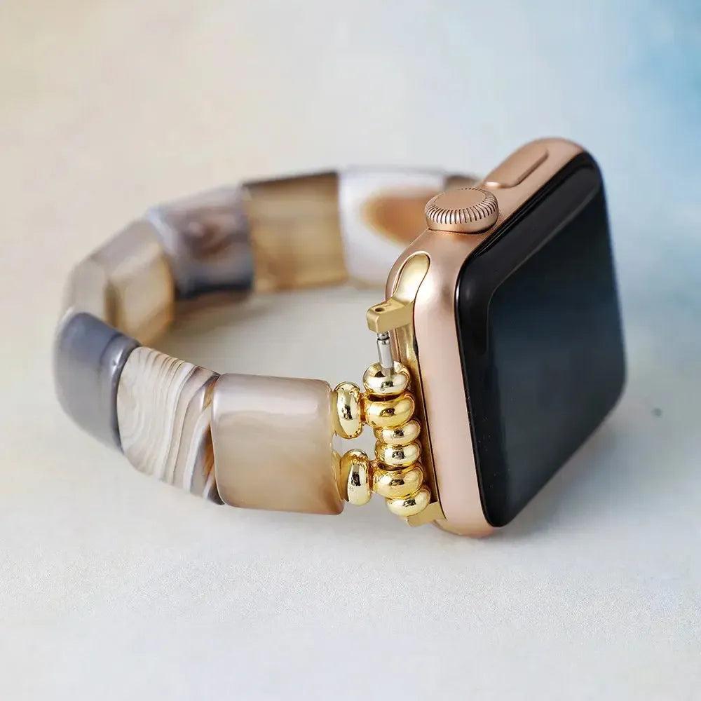 Crystal Destiny Black Onyx beaded Apple Watch band with gold accents, offering protection and balance.