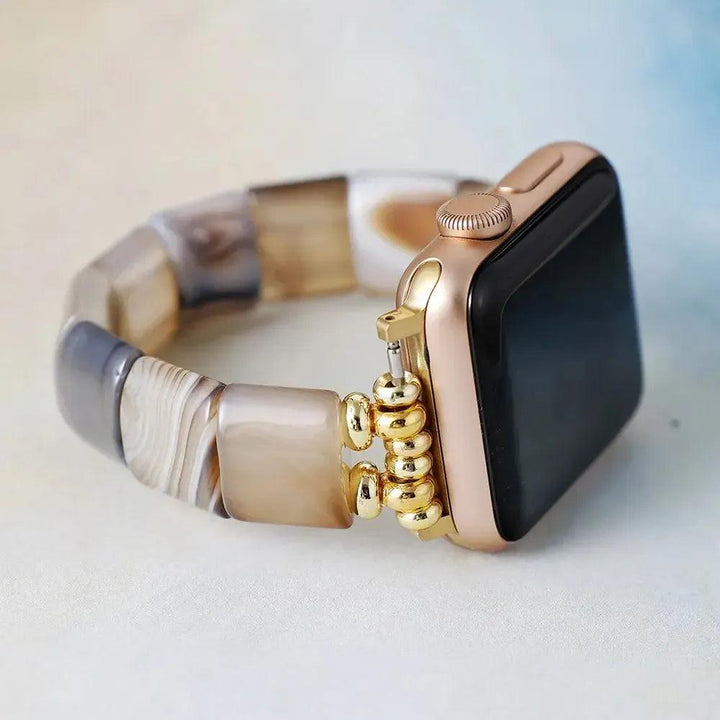 Crystal Destiny Black Onyx beaded Apple Watch band with gold accents, offering protection and balance.