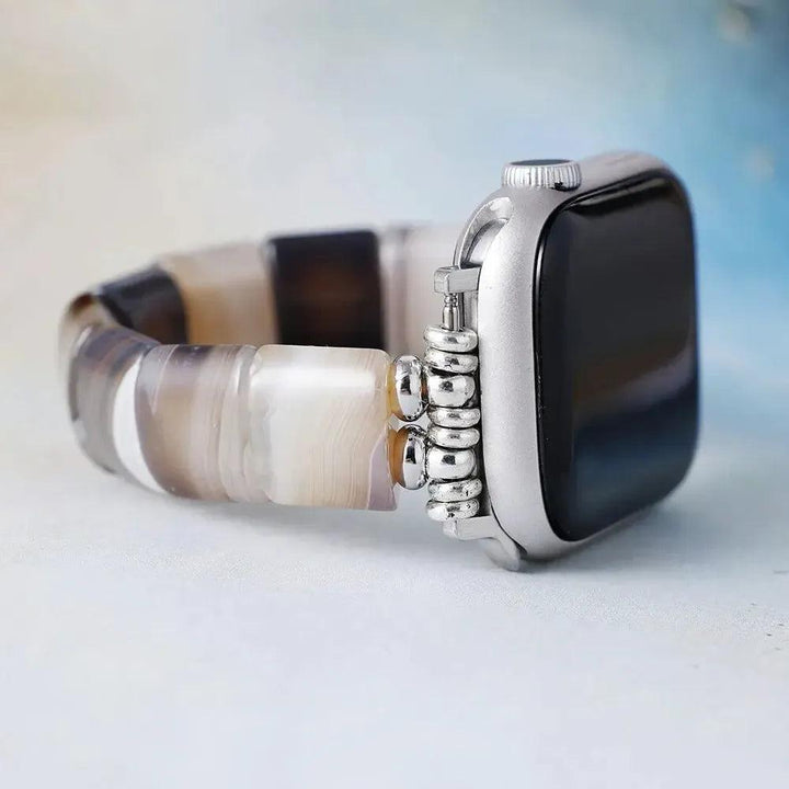 Crystal Destiny's Black Onyx beaded Apple Watch band, featuring smooth, polished black and white onyx beads.