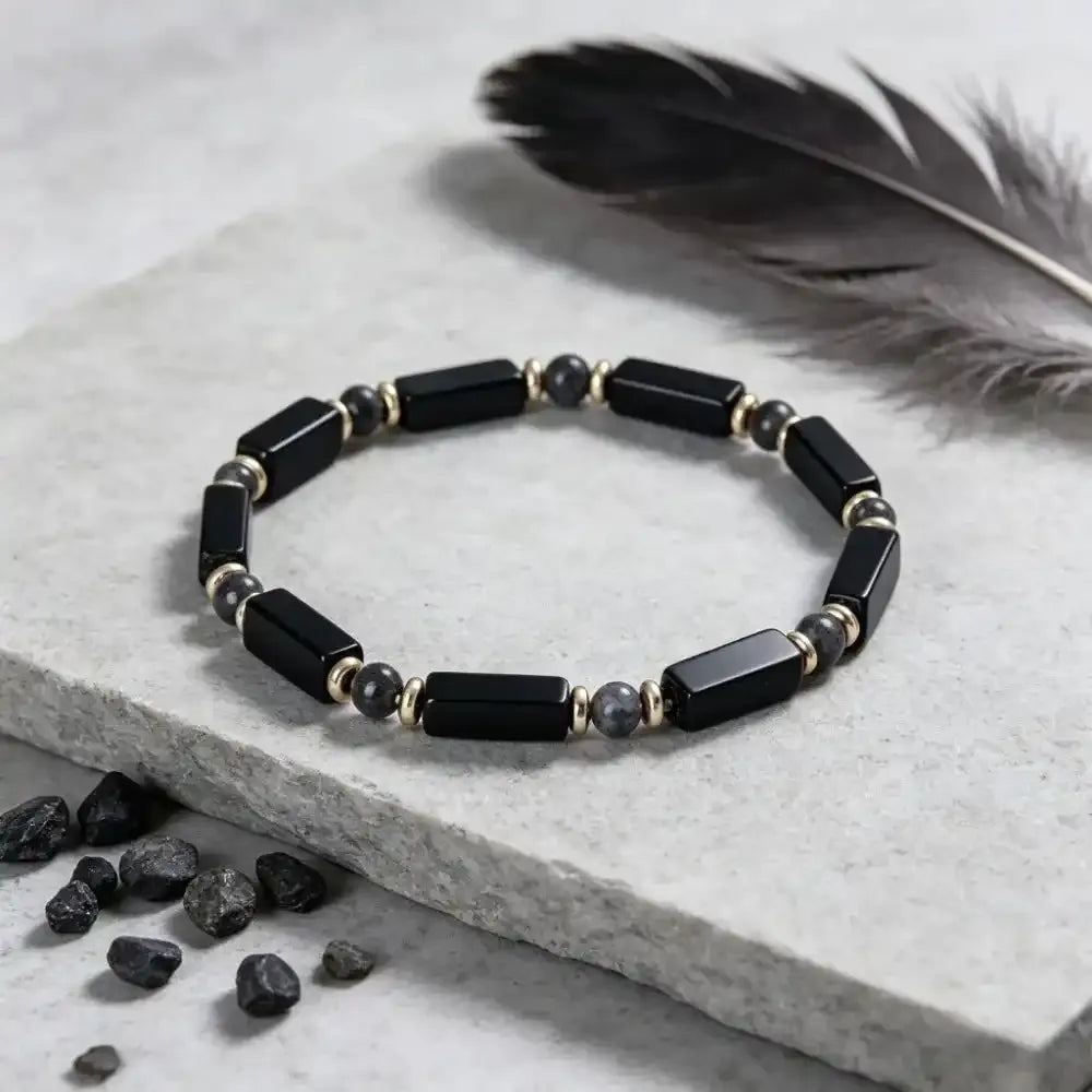 Black Onyx and Labradorite Rectangular Bead Bracelet