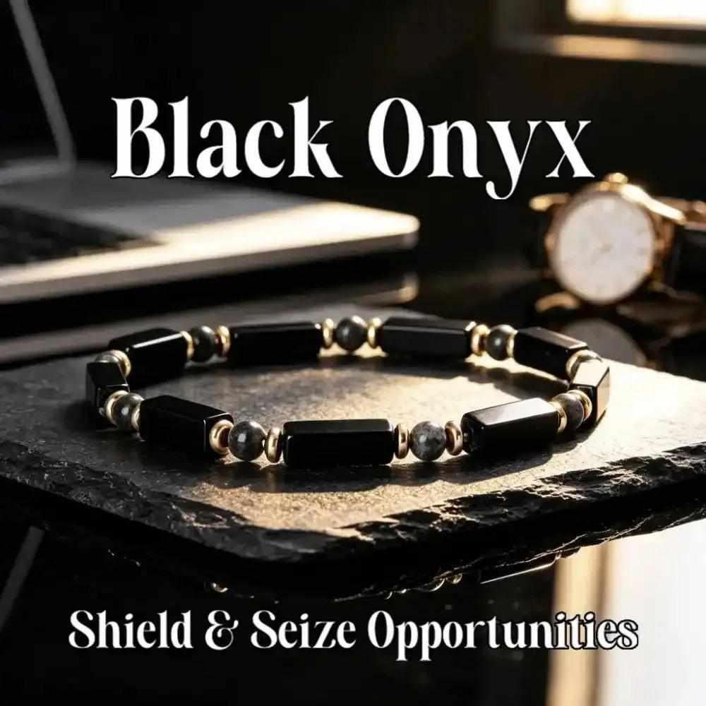 Black Onyx and Labradorite rectangular bead bracelet with gold-tone spacers for grounding and intuitive energy.
