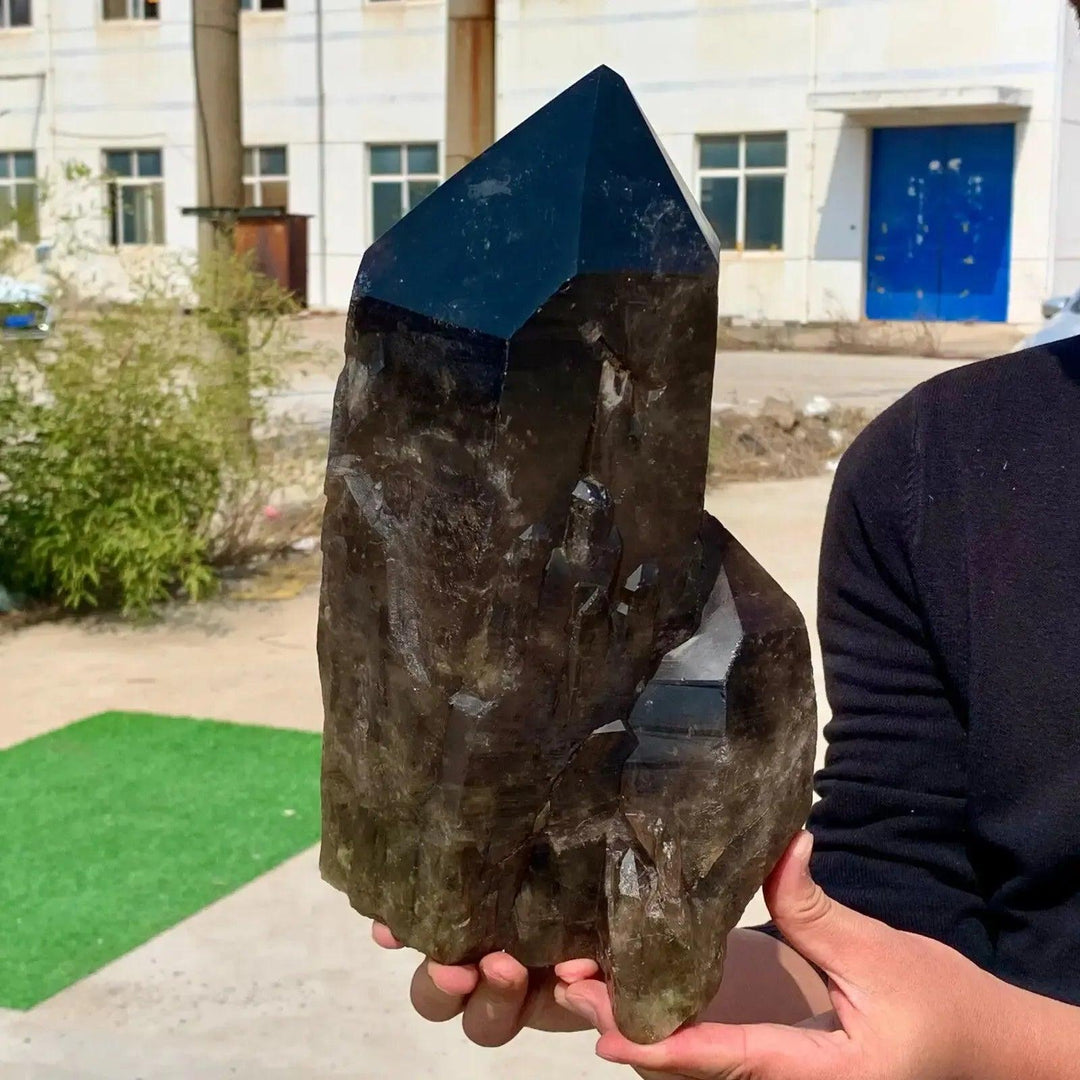 Massive, rare Black Quartz crystal point, deep smoky-black, naturally formed, held by hands. Powerful grounding stone.