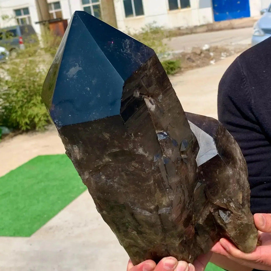 Huge Black Quartz Crystal Point: rare, smoky-black, naturally terminated, powerful grounding and protection stone.