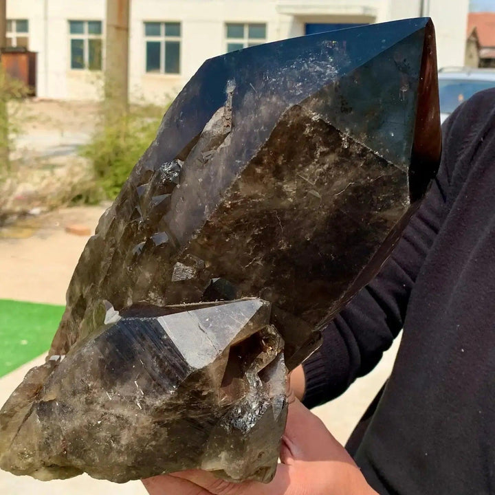 Huge Black Quartz Crystal Point, a rare, massive, dark smoky-black grounding and protective statement piece.