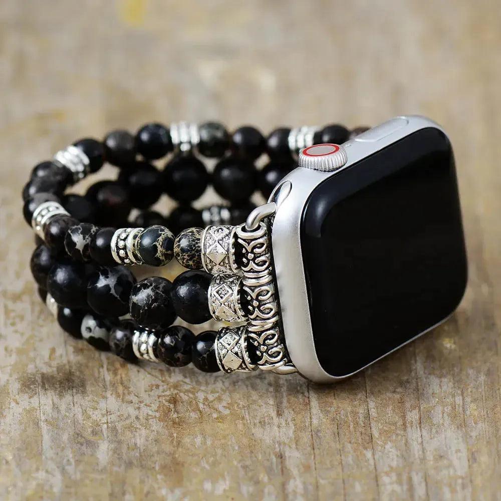 Black Sand Jasper Beaded Apple iWatch Band with deep, rich tones, silver accents, and grounding energy.