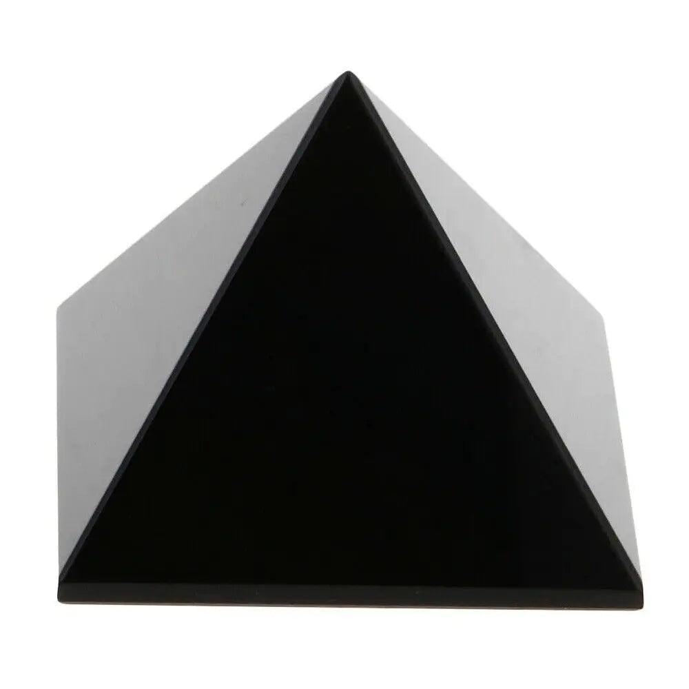 Black Tourmaline Crystal Carved Protection Pyramid, a sleek, polished black stone for grounding and purification.