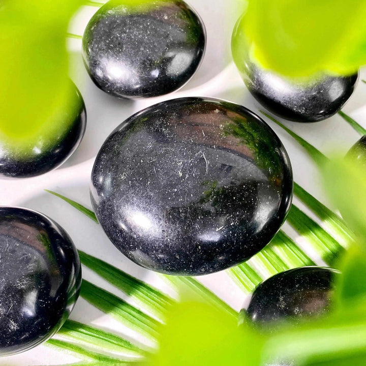 Polished black tourmaline palmstones with natural striations, perfect for grounding and root chakra protection.