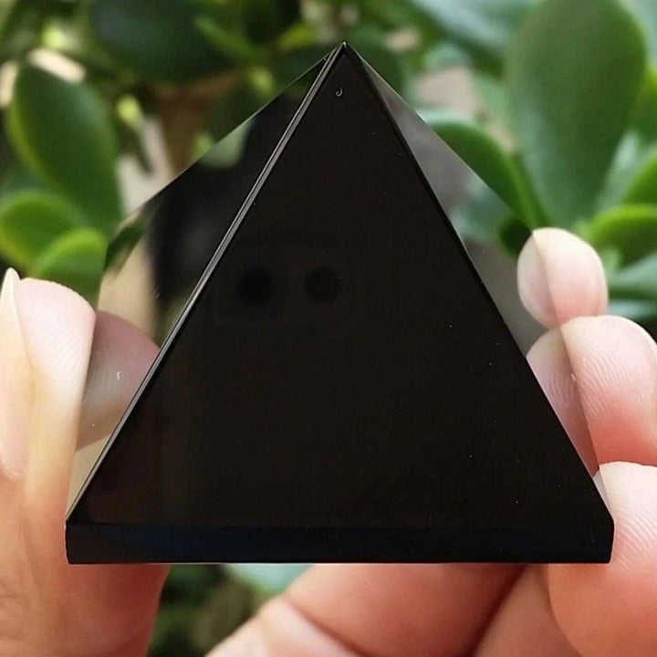 Polished black tourmaline crystal pyramid held between fingers, with green plant background.