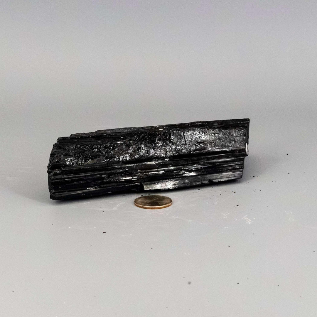 Black Tourmaline Crystal Raw Hunk Elongated Specimen, a powerful protective stone with striated, columnar structure.
