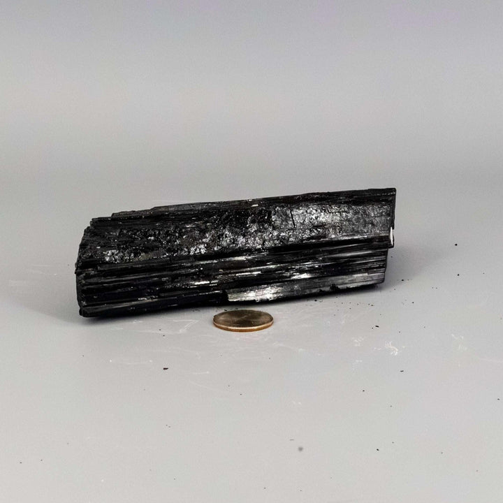 Black Tourmaline Crystal Raw Hunk Elongated Specimen, a powerful protective stone with striated, columnar structure.