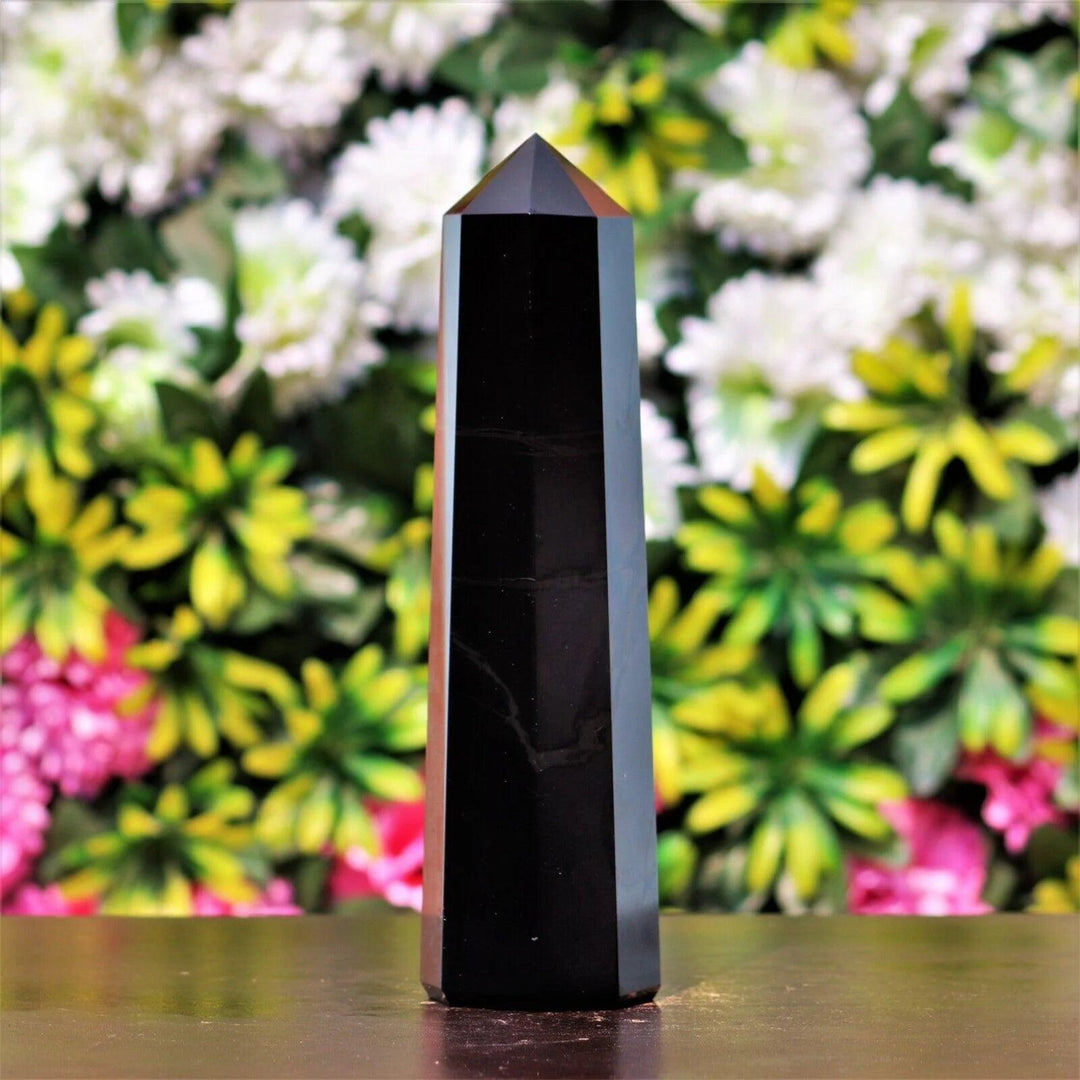 Deeply black, striated Black Tourmaline Crystal Tower for powerful protection and grounding.