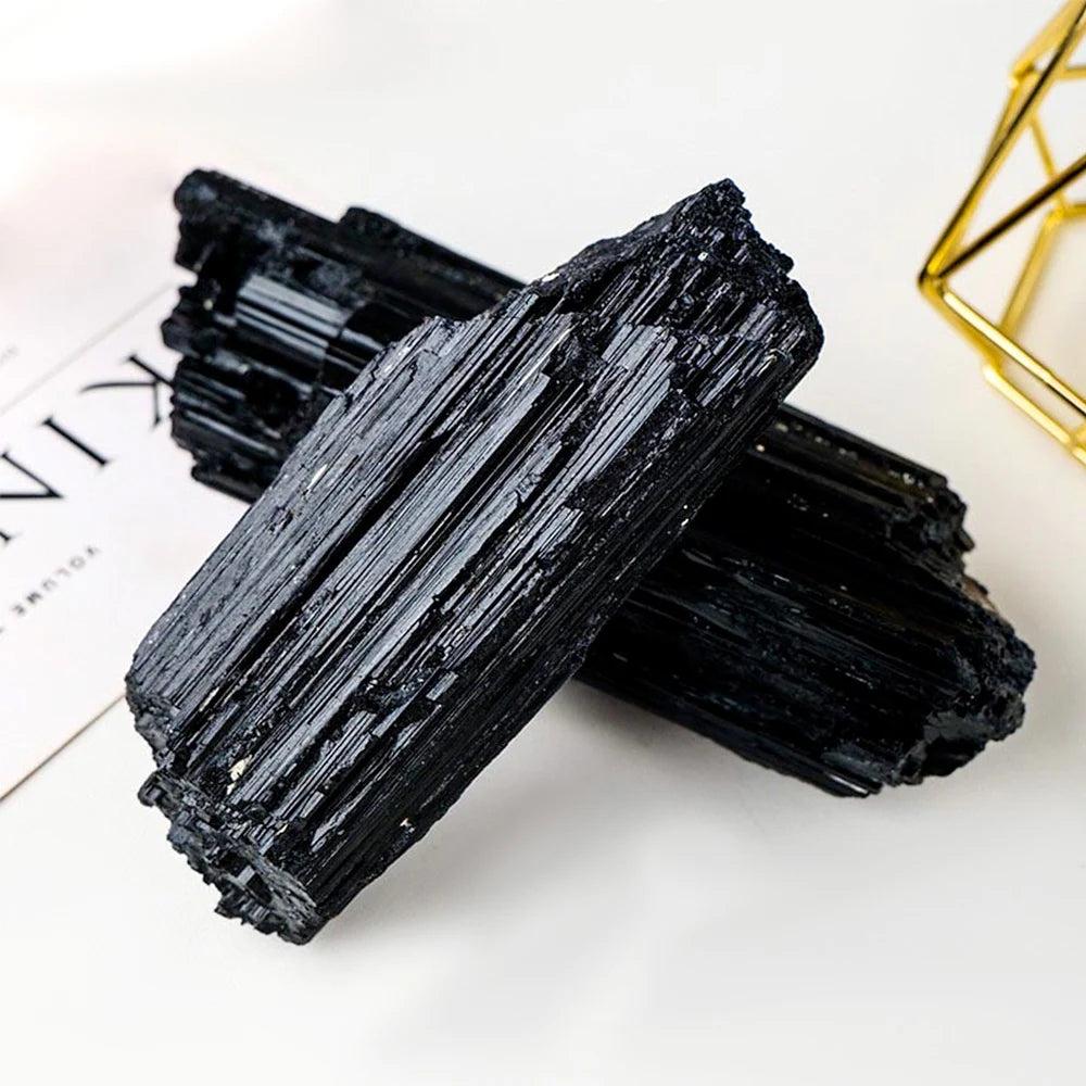 Raw Black Tourmaline Natural Crystal Mineral Specimen, showcasing its striated columnar structure for powerful protection.
