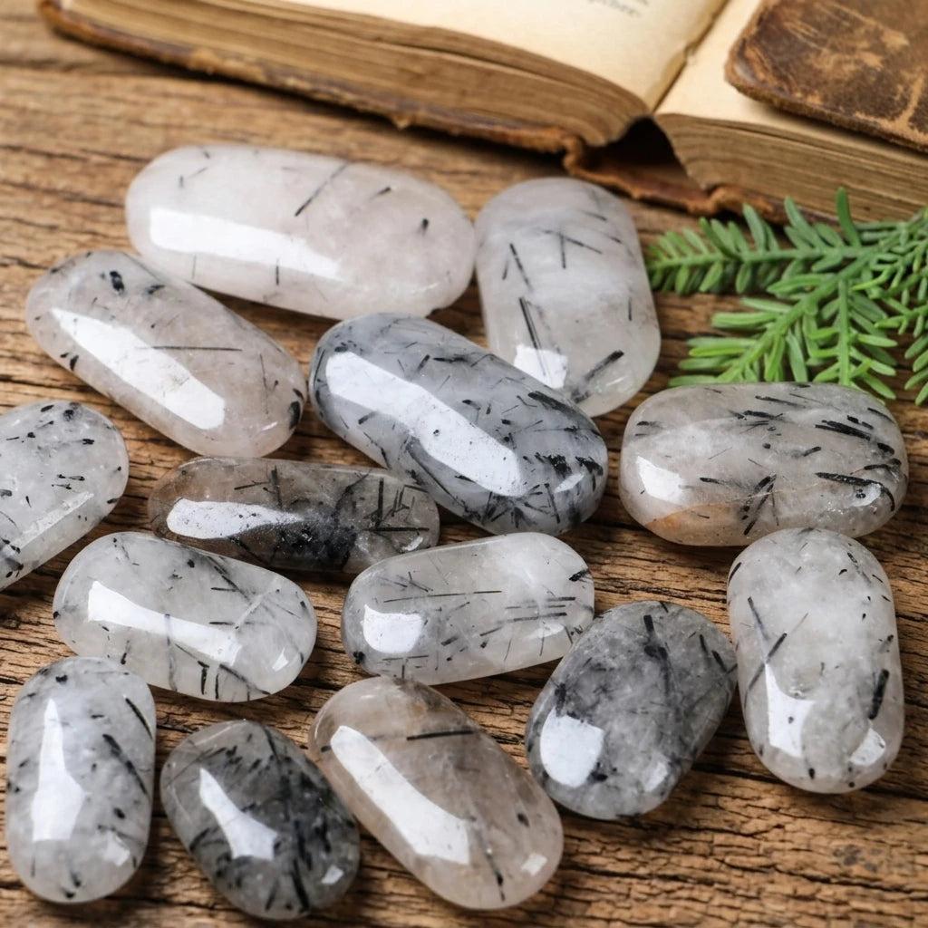 Polished black tourmaline in quartz palm stones with protective, healing energy.