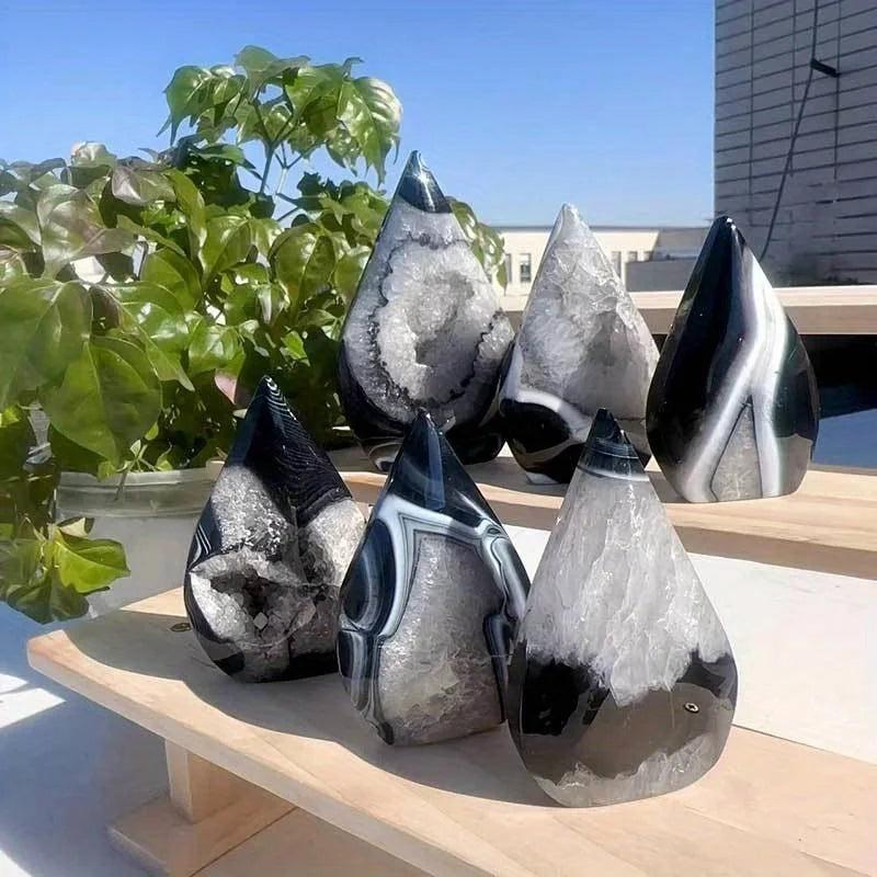 Polished Black and White Agate Crystal Torch, showcasing striking contrast and grounding energy.