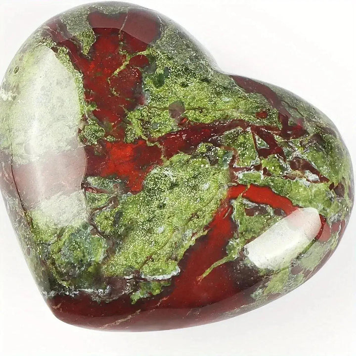 Polished Bloodstone Heart Crystal: deep green with vibrant red flecks, showcasing grounding and revitalizing energy.