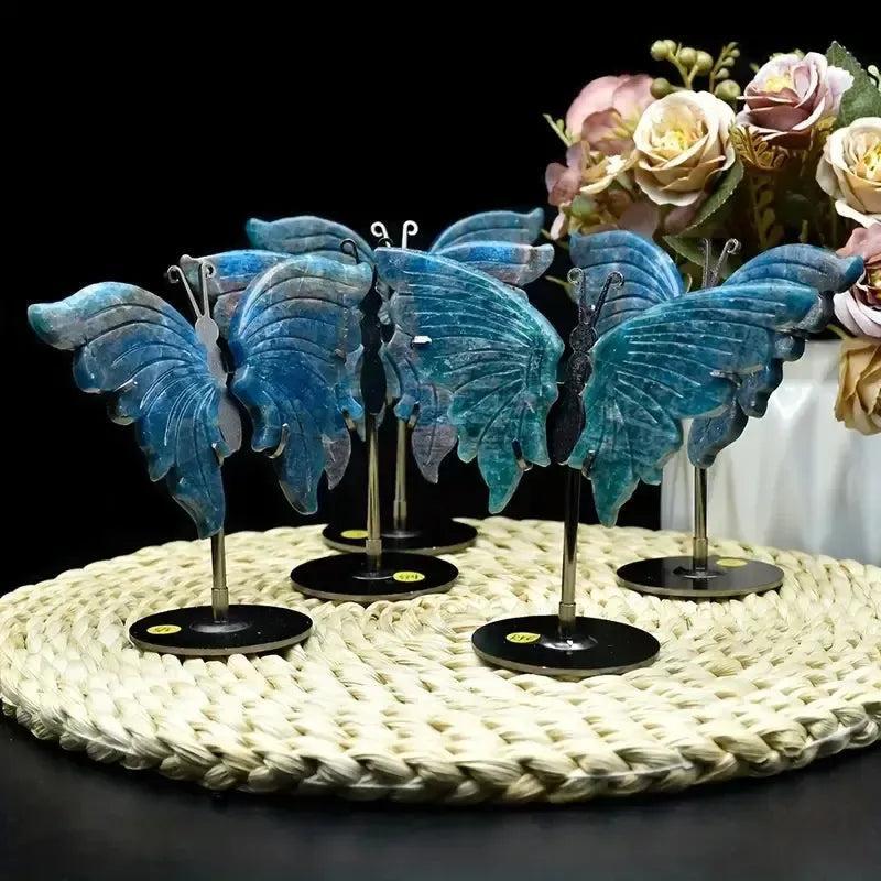 Blue Apatite Butterfly Wings | Crystal Carving with Stand
