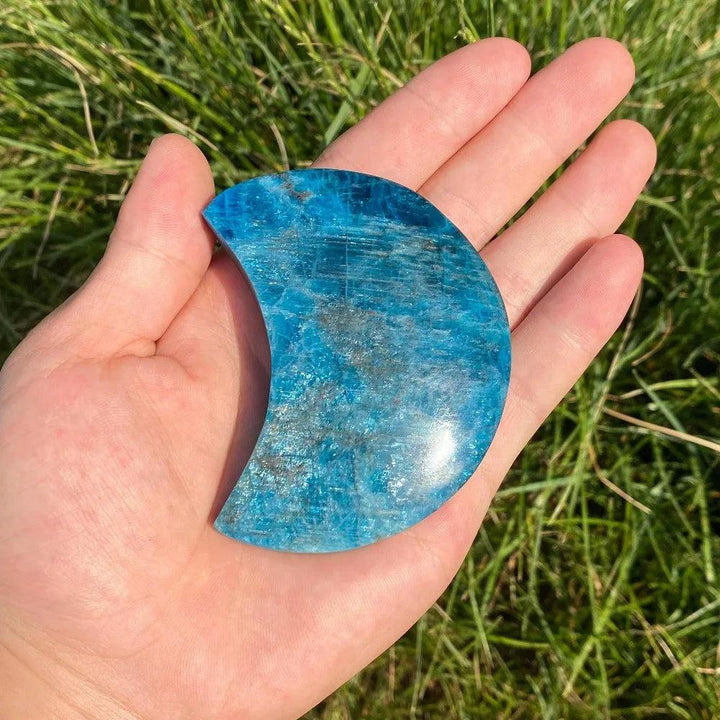 Hand-carved Blue Apatite crescent moon crystal with vibrant electric blue tones for focus, creativity, and clarity.