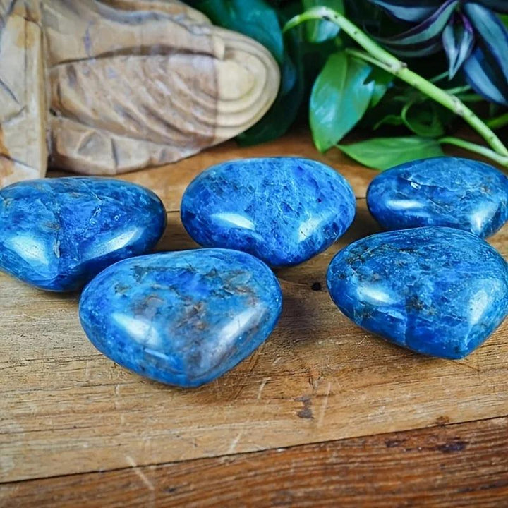 Polished blue apatite crystal hearts with deep teal-cobalt hues, perfect for meditation, focus, and chakra healing.