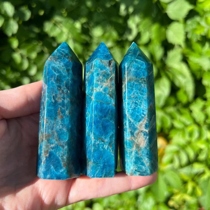 Vibrant Blue Apatite Tower points with natural healing energy, perfect for crystal decor.
