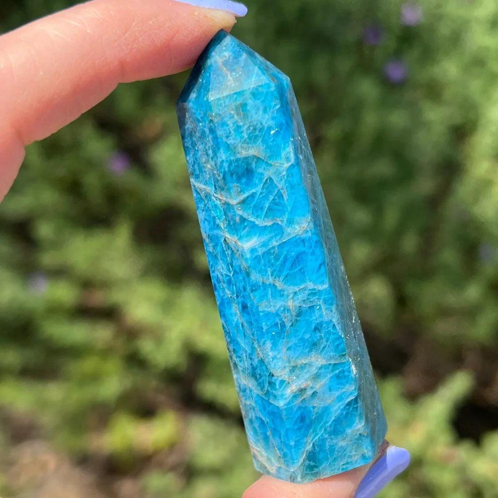 Vibrant Blue Apatite Tower crystal point with natural healing energy and striking ocean-blue hues.