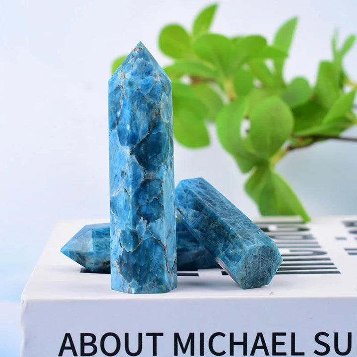 Polished Blue Apatite crystal tower in vivid teal-blue, perfect for enhancing communication and focus during meditation.