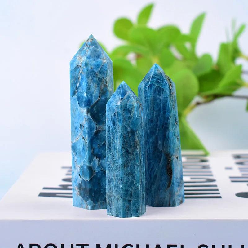 Three polished Blue Apatite crystal towers with vivid teal-blue color, perfect for meditation and clear communication.