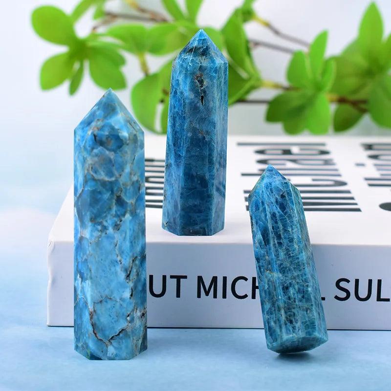 Polished Blue Apatite crystal towers in vivid teal-blue for enhanced communication, focus, and intuitive energy.