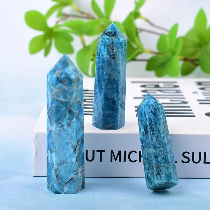 Three polished Blue Apatite crystal towers in vivid teal-blue, perfect for enhancing communication and intuition.