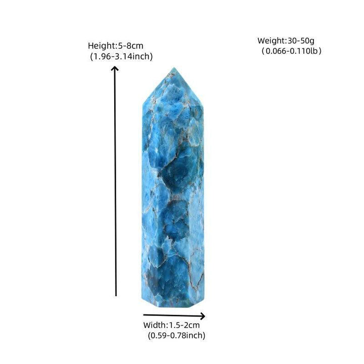 Polished Blue Apatite crystal tower in vivid teal-blue, an obelisk point for focus, communication, and clear intuition.