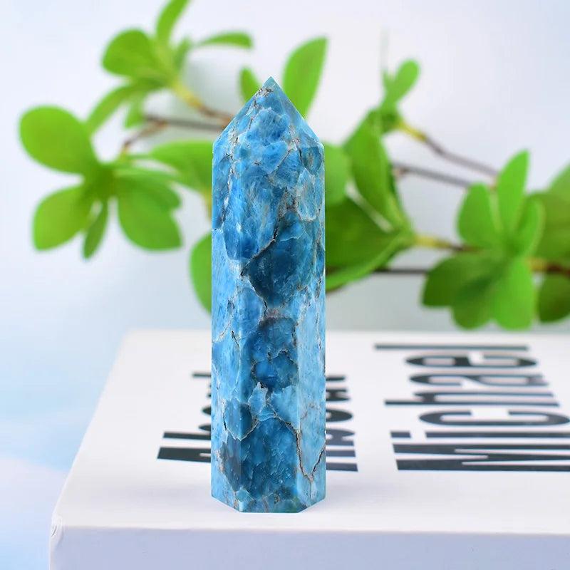 Polished Blue Apatite crystal tower with vivid teal-blue hues, perfect for enhancing focus and clear communication.