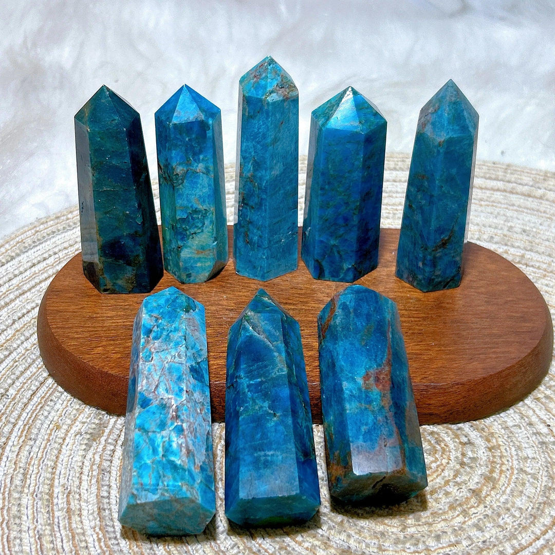 Flashy blue apatite crystal towers, high-quality natural healing gemstones for Reiki, meditation, and home decor.