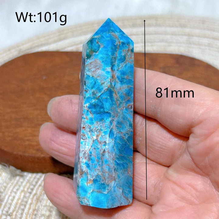 81mm natural blue flashy Apatite crystal tower, a high-quality Reiki healing gemstone for home decor and energy balancing.
