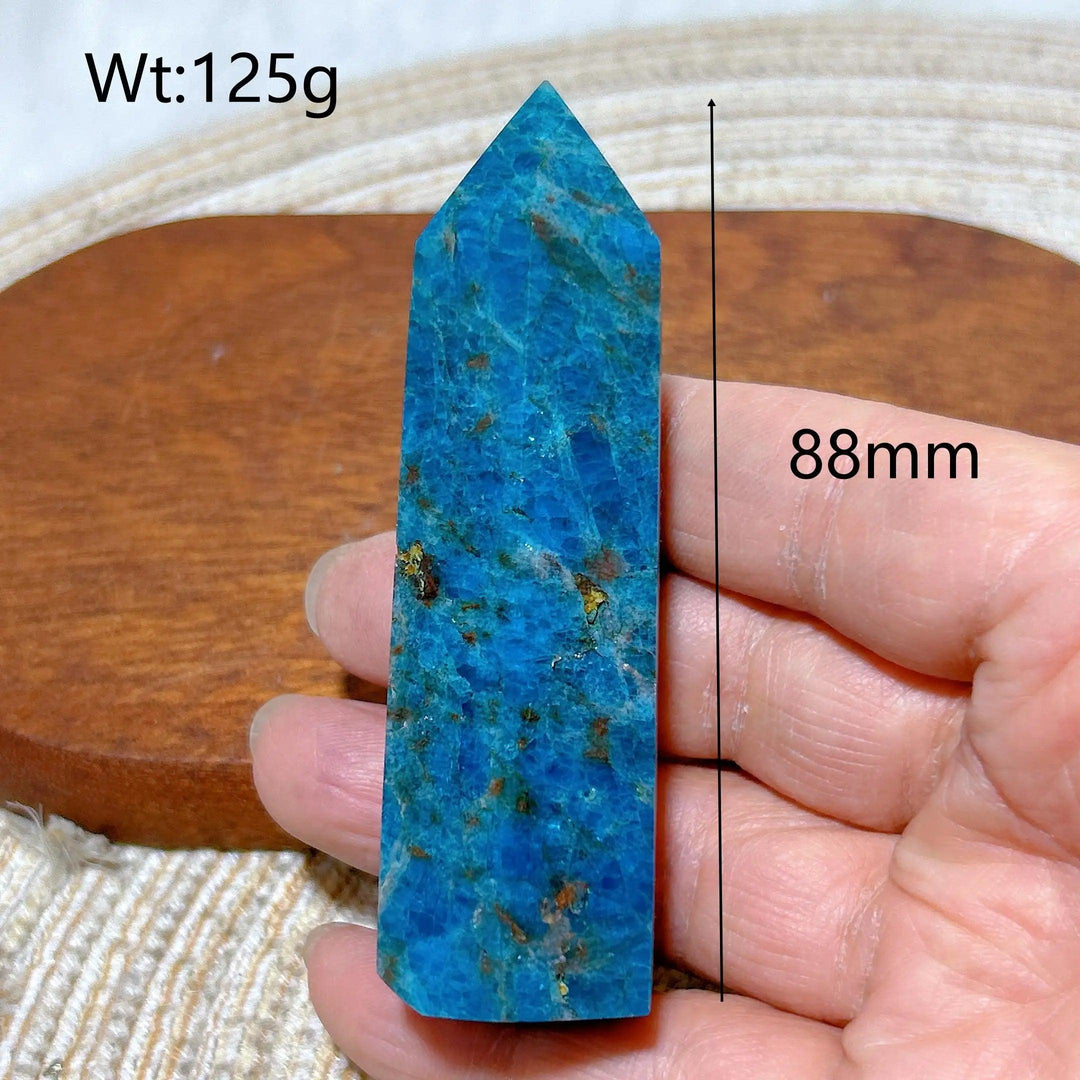 88mm blue flashy apatite crystal tower, a 125g natural gemstone point perfect for Reiki healing and home decor.
