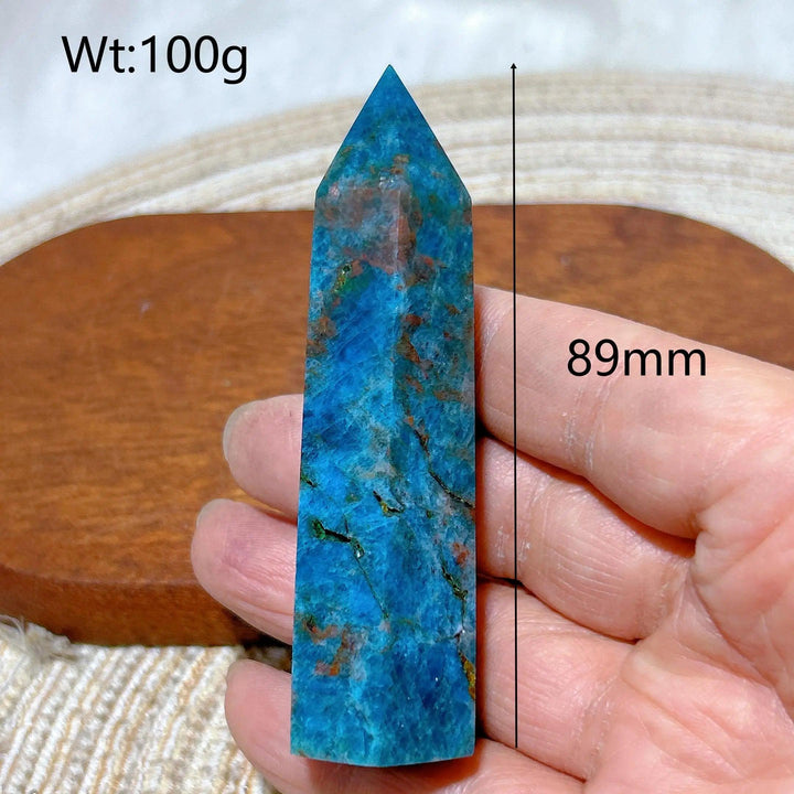 89mm natural blue flashy apatite crystal tower, 100g healing gemstone point for Reiki, meditation, and home decor.