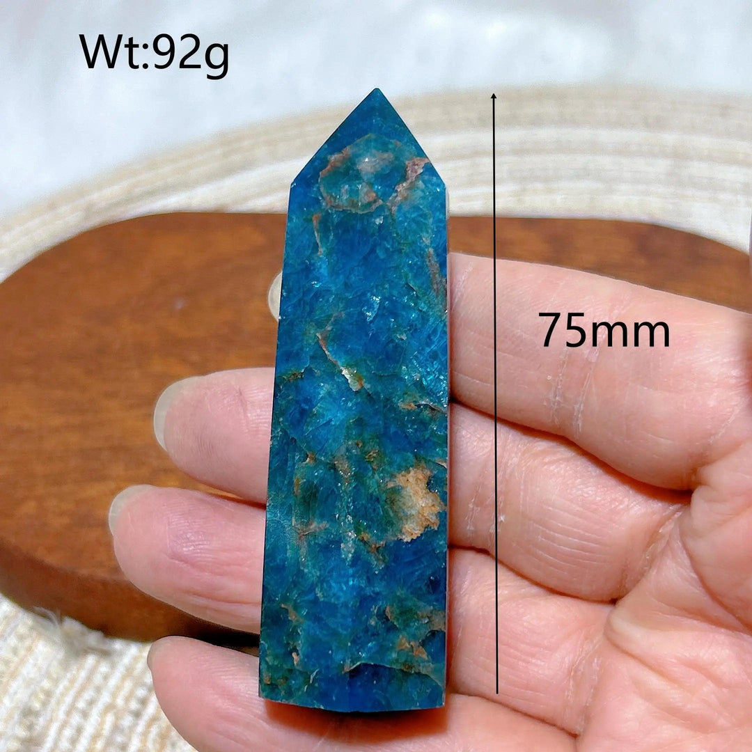 75mm natural blue flashy apatite crystal tower, a high-quality healing gemstone point for reiki and home decor.